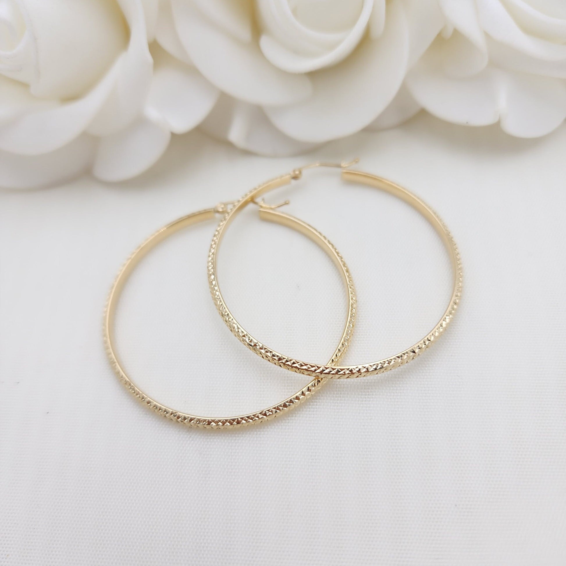 Real 14k Gold Shiny Diamond Cut Hoop Earrings - 3mm Thick - Small, medium, Large - Fine Jewelry - For Her