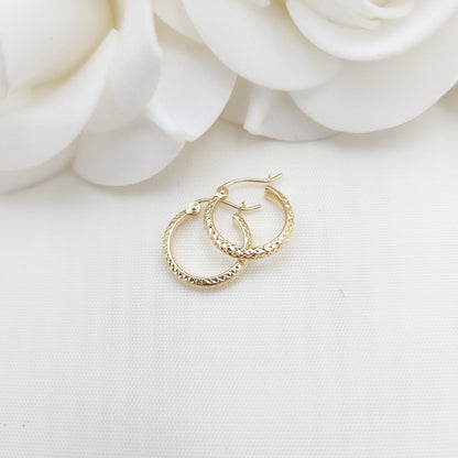 Real 14k Gold Shiny Diamond Cut Hoop Earrings - 3mm Thick - Small, medium, Large - Fine Jewelry - For Her