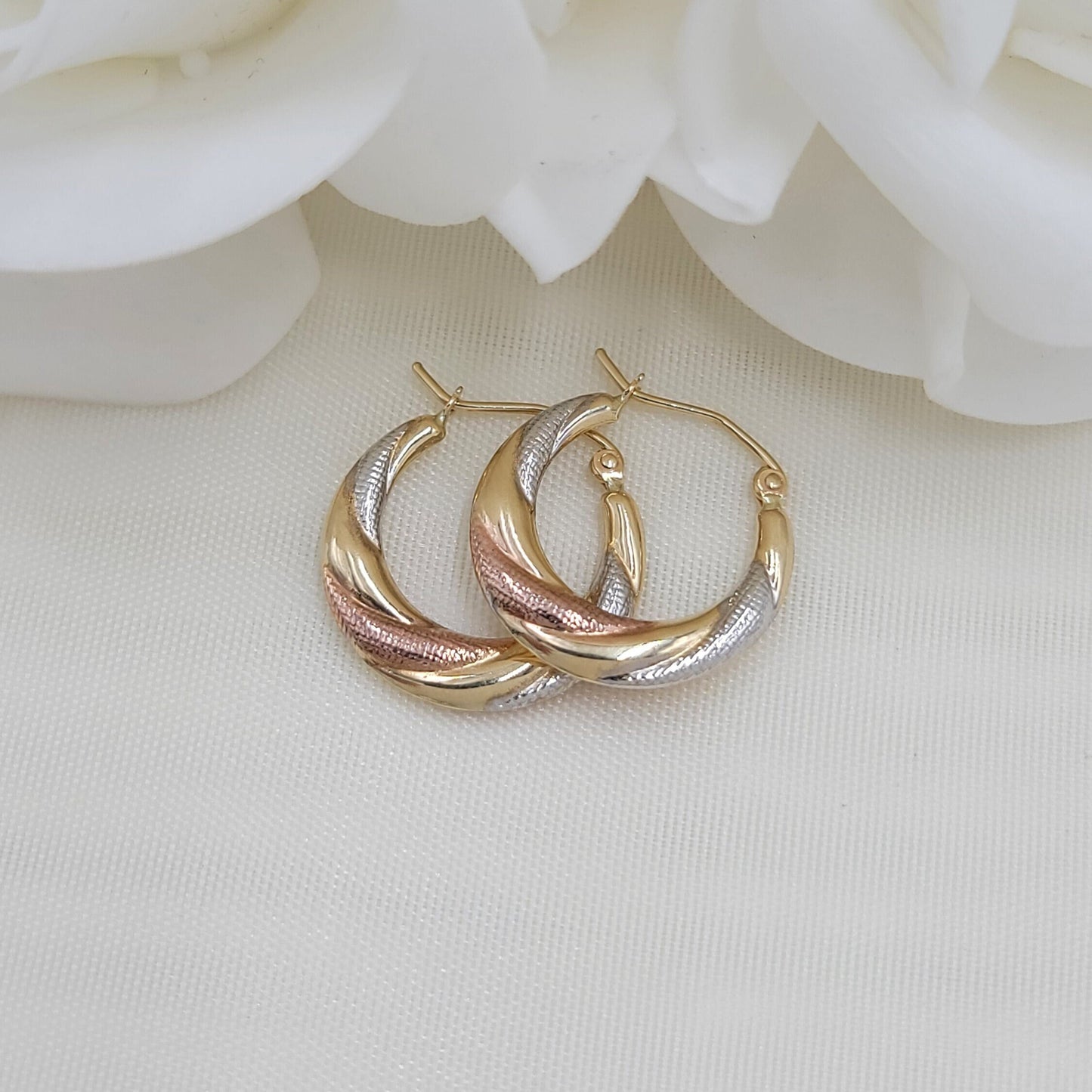 14K Tri-Color Gold Hoop Earrings - White, Yellow, Rose - Small Hoops - Real Gold