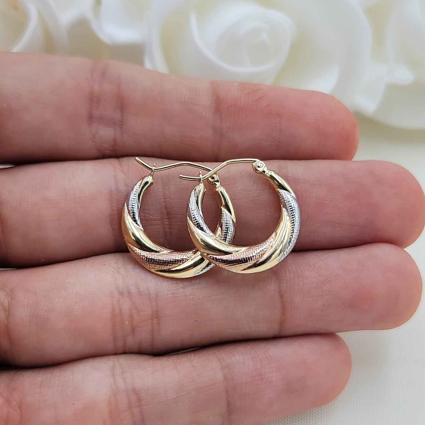 14K Tri-Color Gold Hoop Earrings - White, Yellow, Rose - Small Hoops - Real Gold