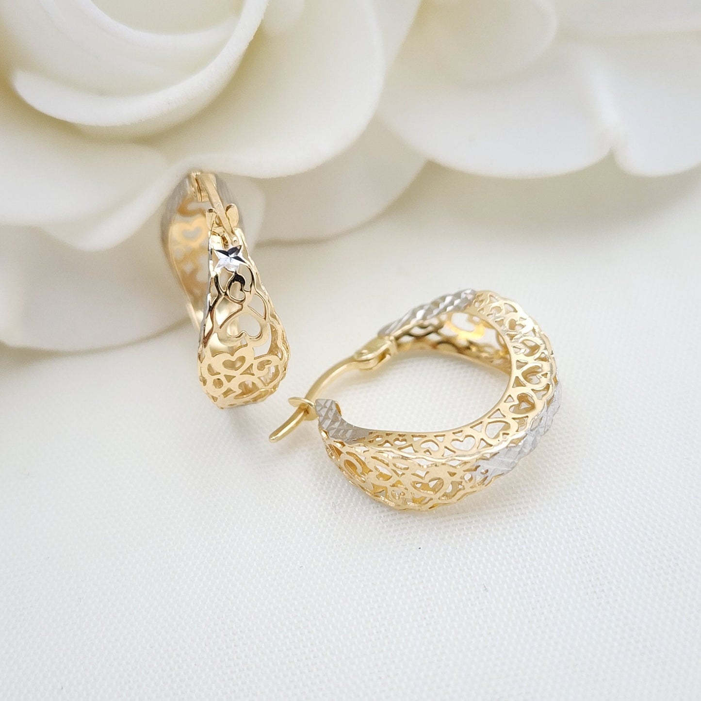 Real 14k Gold 2 Colors Hearts Hoop Earrings - 19mm - 7mm - Small and thick - Perfect For Her - Birthday Gift - Anniversary Gift