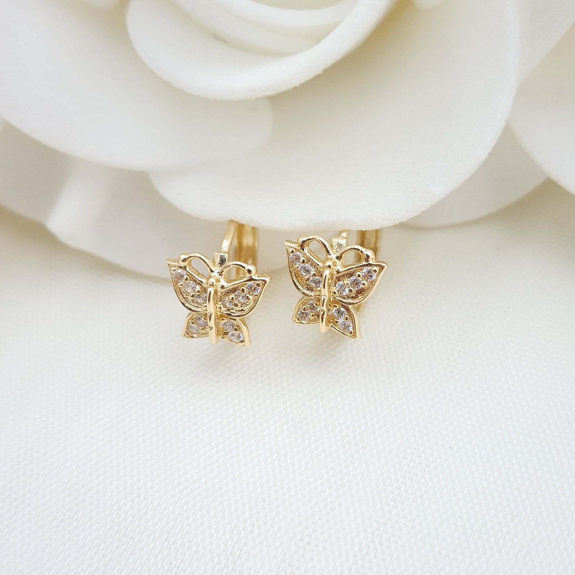 Dainty 14k Gold Cz Butterfly Huggies Earrings - 11mm - Perfect For Kids - Real Gold - Perfect Gift For Her