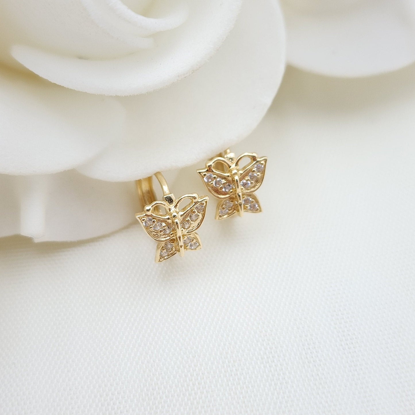 Dainty 14k Gold Cz Butterfly Huggies Earrings - 11mm - Perfect For Kids - Real Gold - Perfect Gift For Her