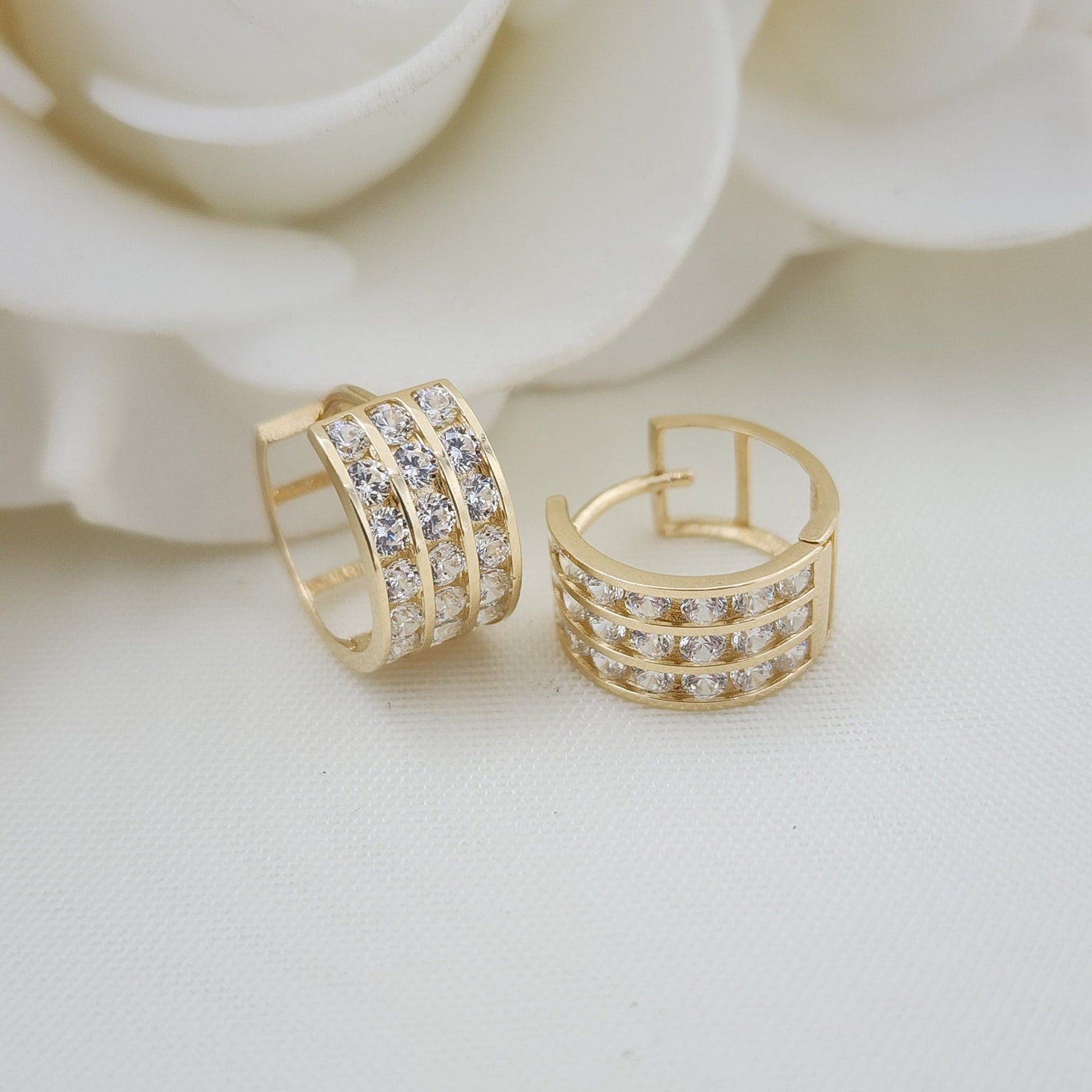 Real 14k Gold 3 Lanes Simulated Diamonds Huggies Earrings - Channel Setting - 7mm Thick - 13mm - Solid Gold