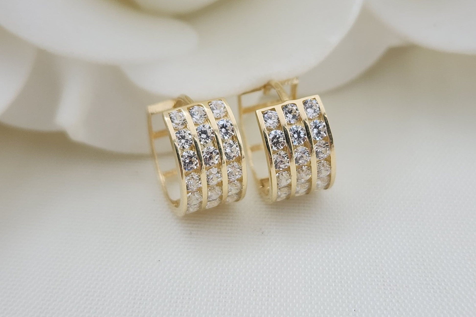 Real 14k Gold 3 Lanes Simulated Diamonds Huggies Earrings - Channel Setting - 7mm Thick - 13mm - Solid Gold