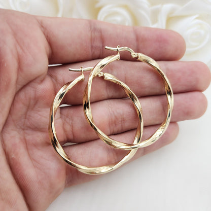 Real 14k Gold 3mm Twisted Hoop Earrings - 42mm - Real Gold - Fine Modern Jewelry For Her - Perfect Birthday, anniversary gift