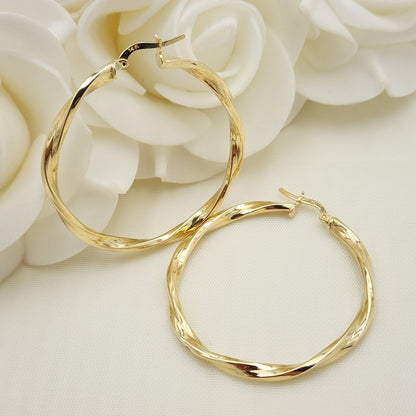 Real 14k Gold 3mm Twisted Hoop Earrings - 42mm - Real Gold - Fine Modern Jewelry For Her - Perfect Birthday, anniversary gift