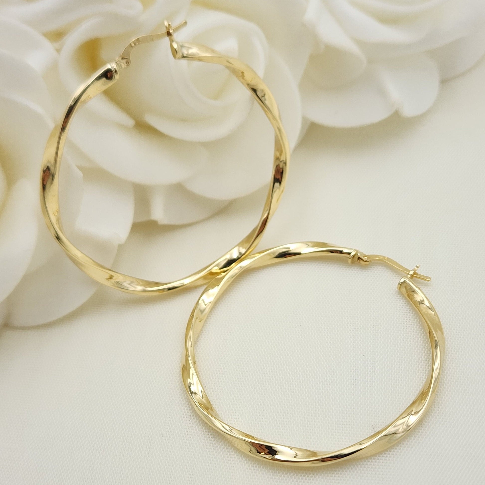 Real 14k Gold 3mm Twisted Hoops Earrings - 46mm - Real Gold - Fine Modern Jewelry For Her - Perfect Birthday, Anniversary Gift