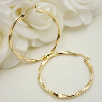 Real 14k Gold 3mm Twisted Hoops Earrings - 46mm - Real Gold - Fine Modern Jewelry For Her - Perfect Birthday, Anniversary Gift