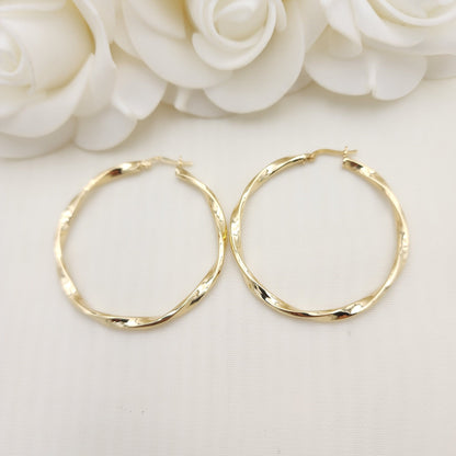 Real 14k Gold 3mm Twisted Hoops Earrings - 46mm - Real Gold - Fine Modern Jewelry For Her - Perfect Birthday, Anniversary Gift