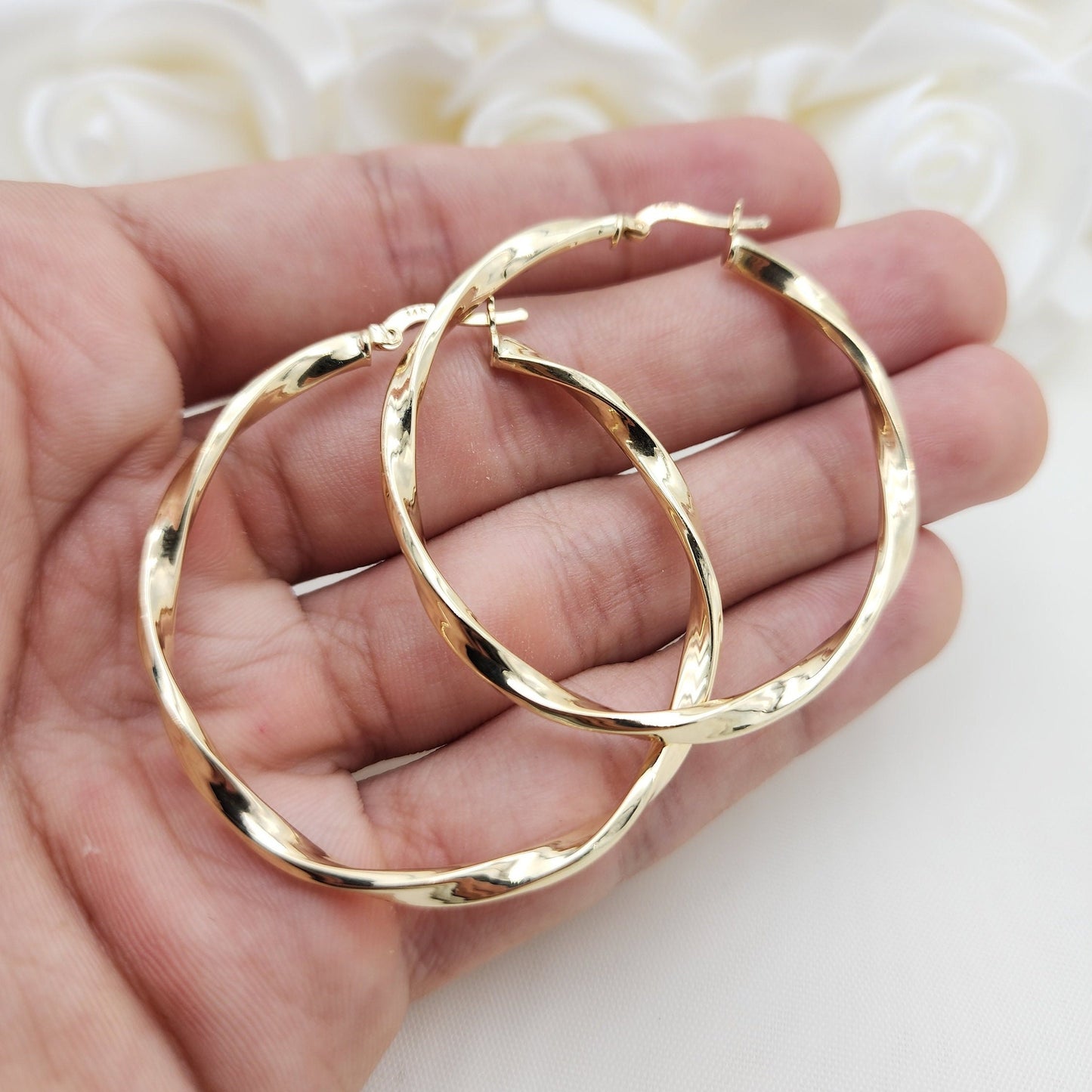 Real 14k Gold 3mm Twisted Hoops Earrings - 46mm - Real Gold - Fine Modern Jewelry For Her - Perfect Birthday, Anniversary Gift