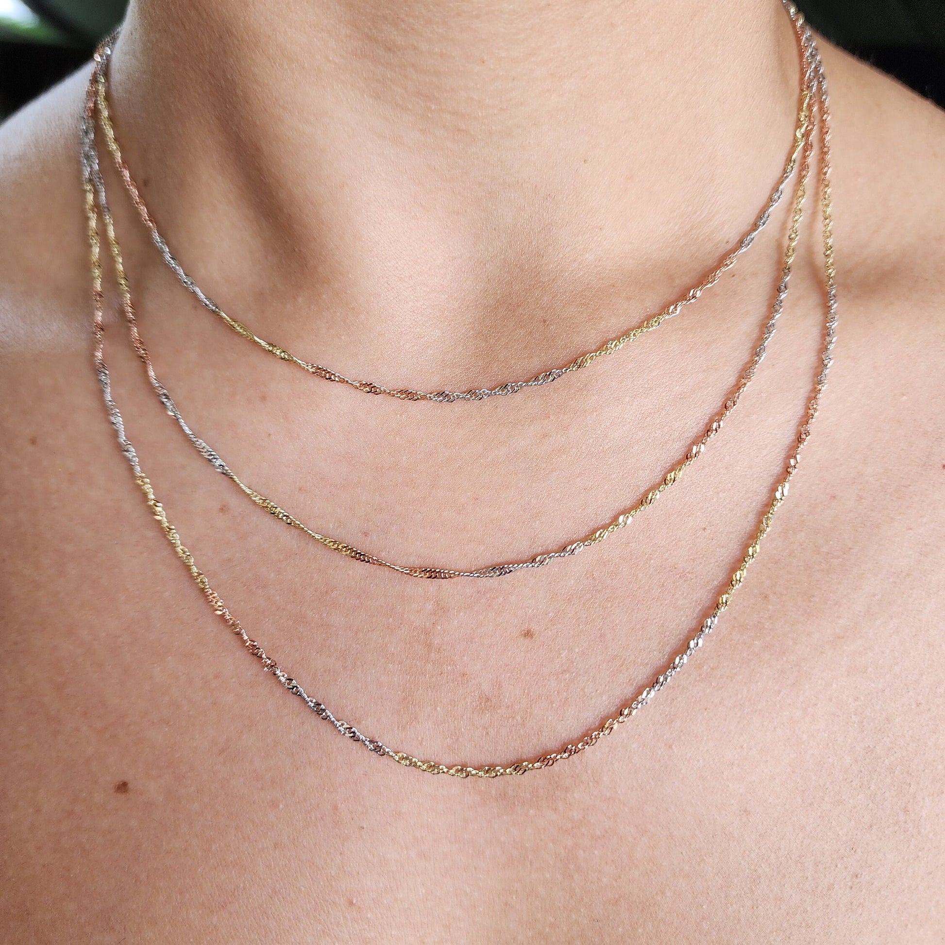 Real 14k Gold Dainty Tricolor Shiny Chain - 1.5MM - 16", 18", 20" - Sparkling And Unique - Perfect Gift For Her - For Girls And Women