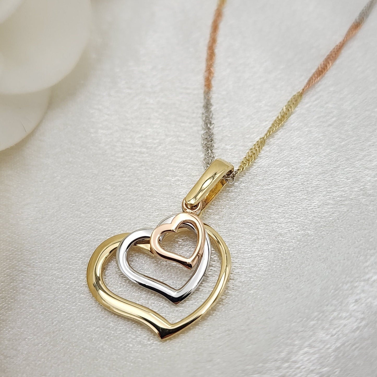 Solid 14k Tri Color Gold Triple Heart Charm Necklace - 16", 18", 20" - Perfect Gift For Her - Elegant and Unique