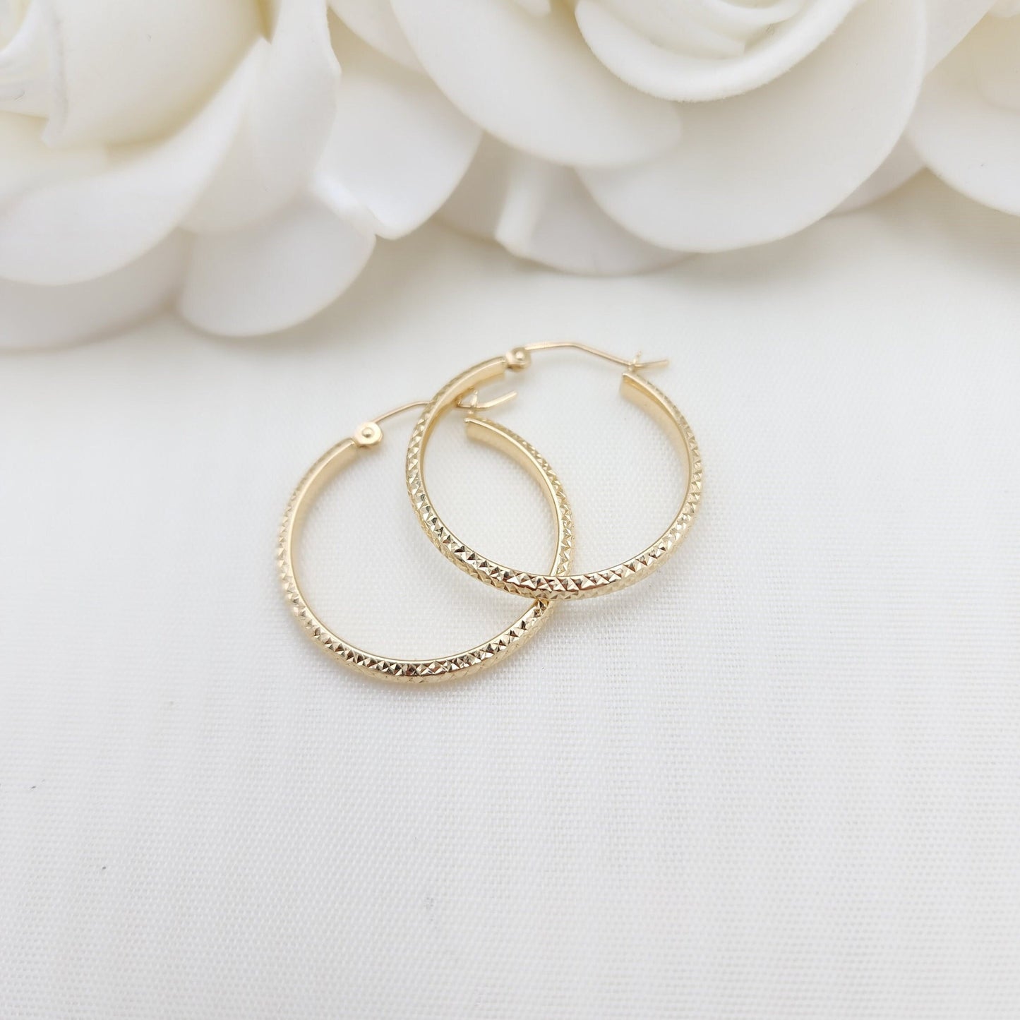 Real 14k Gold Shiny Diamond Cut Hoop Earrings - 3mm Thick - Small, medium, Large - Fine Jewelry - For Her