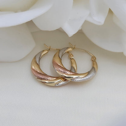 14K Tri-Color Gold Hoop Earrings - White, Yellow, Rose - Small Hoops - Real Gold