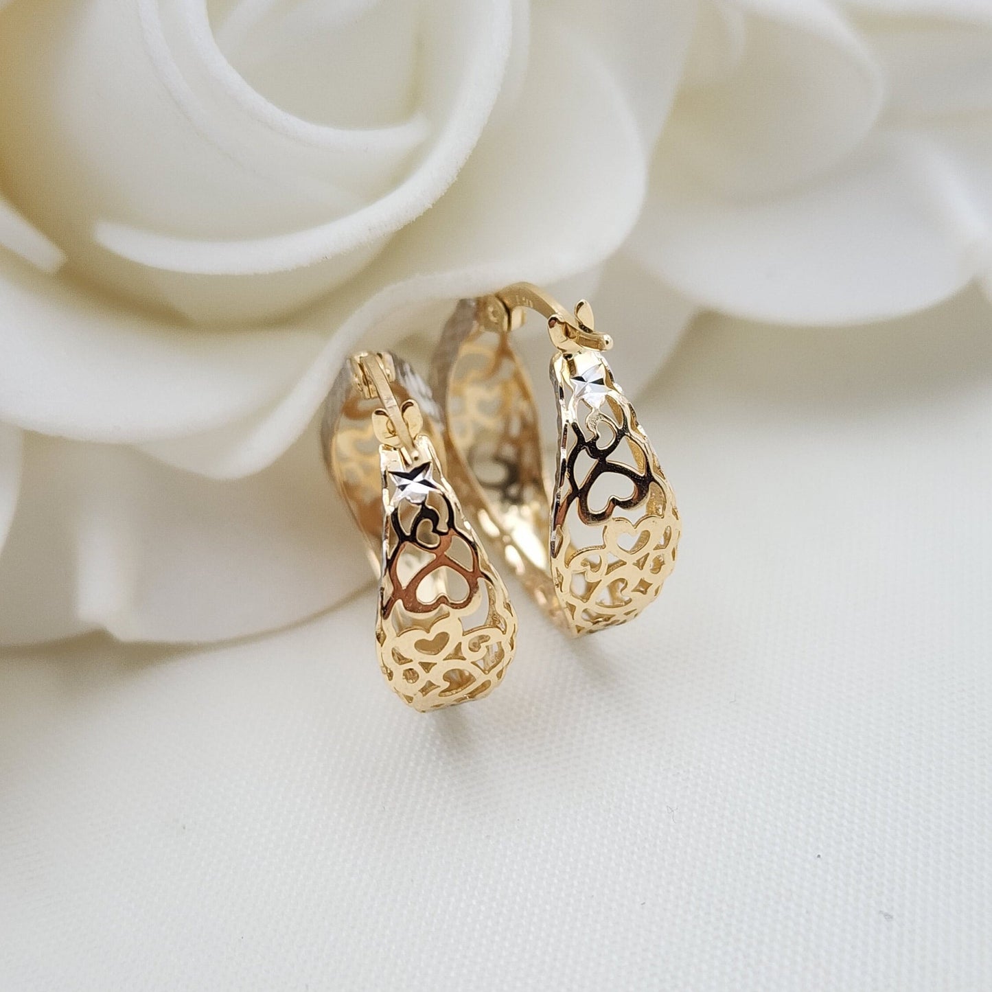 Real 14k Gold 2 Colors Hearts Hoop Earrings - 19mm - 7mm - Small and thick - Perfect For Her - Birthday Gift - Anniversary Gift