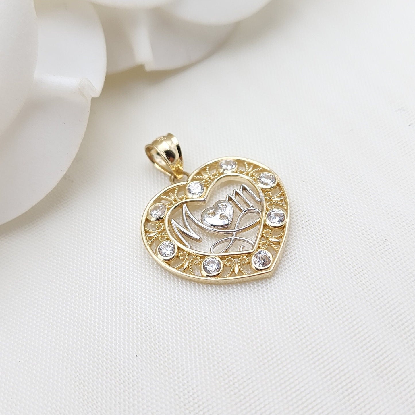 Solid 14k Gold Mom Heart Pendant - Perfect Gift For Her - Big Heart Mom Charm - 20mm