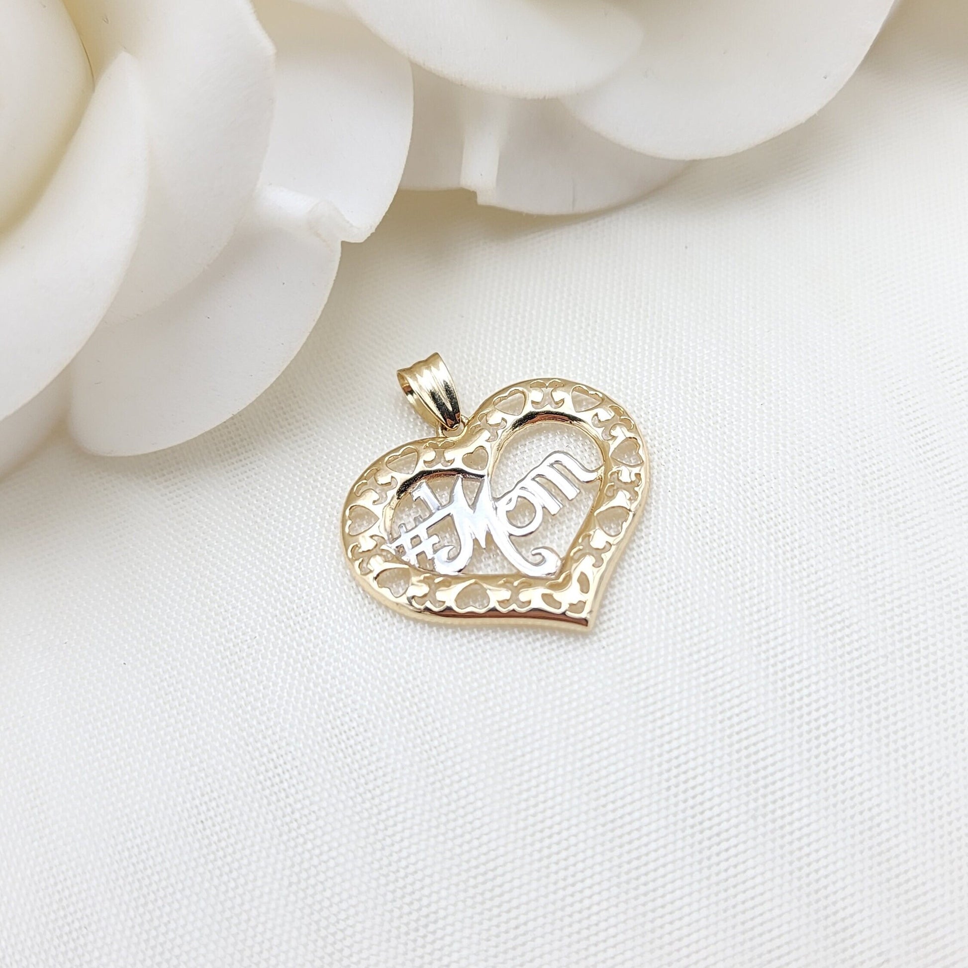 Solid 14k Gold #1 Mom Heart Pendant - Perfect Gift For Her - Big Heart Mom Charm - 22mm