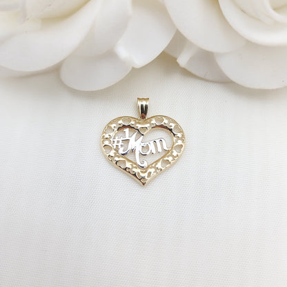 Solid 14k Gold #1 Mom Heart Pendant - Perfect Gift For Her - Big Heart Mom Charm - 22mm