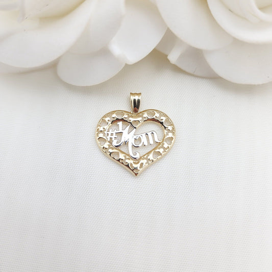 Solid 14k Gold #1 Mom Heart Pendant - Perfect Gift For Her - Big Heart Mom Charm - 22mm