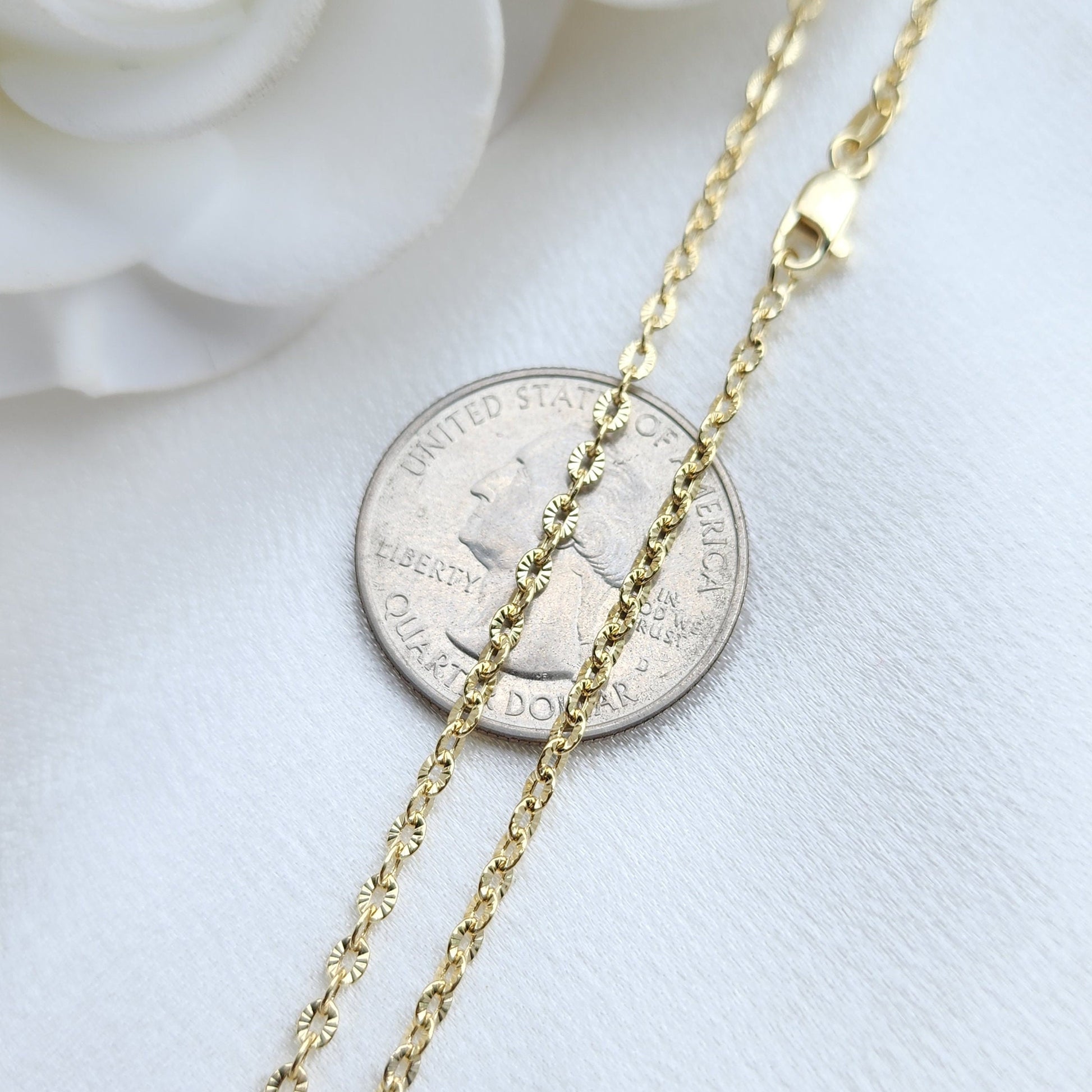 Real 14k Gold Rolo Link Diamond Cut Chains - Women's Necklace - 2MM - Perfect Gift For Her - Real Gold - Shiny & Lightweight