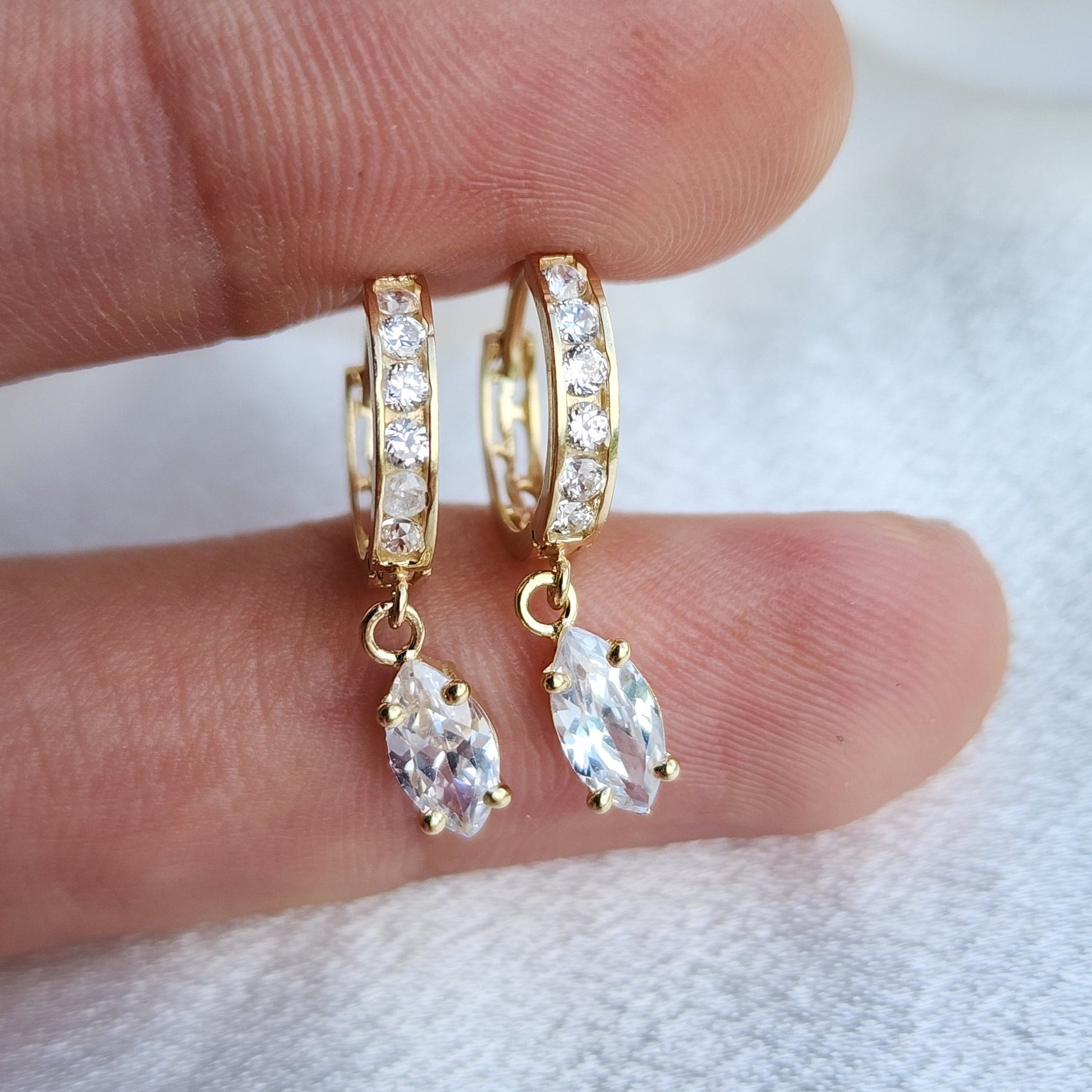 Real 14k Gold Marquise Huggies Earrings - 12mm - Perfect For Her Small Hoops For Girls And Women