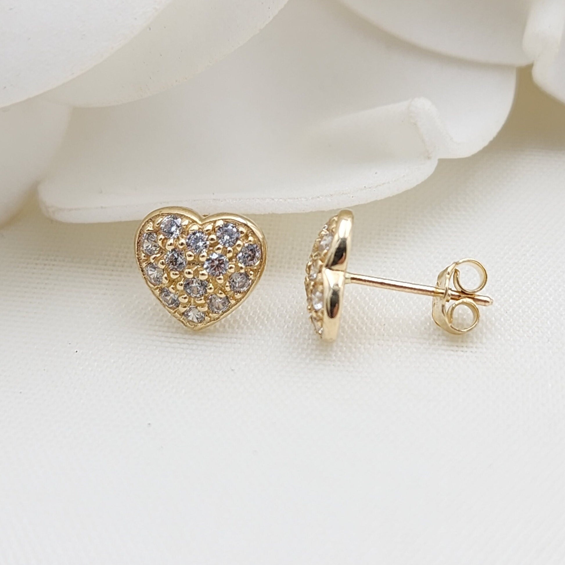 14k Gold Pave CZ Heart Stud Earrings - Single or Pair - Real 14k Gold - Modern Fine Jewelry