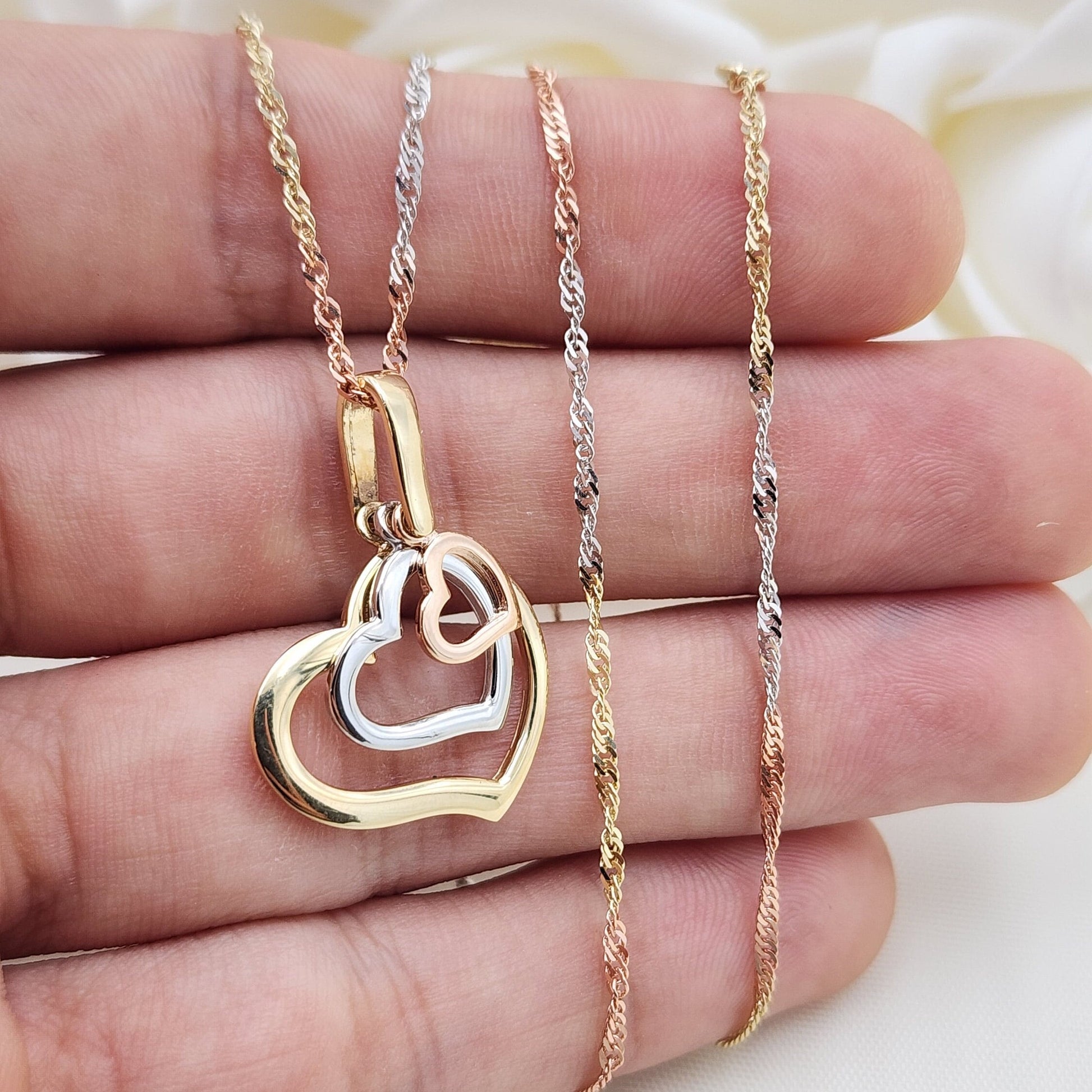 Solid 14k Tri Color Gold Triple Heart Charm Necklace - 16", 18", 20" - Perfect Gift For Her - Elegant and Unique