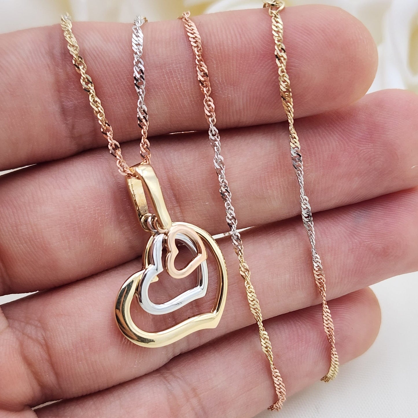 Solid 14k Tri Color Gold Triple Heart Charm Necklace - 16", 18", 20" - Perfect Gift For Her - Elegant and Unique