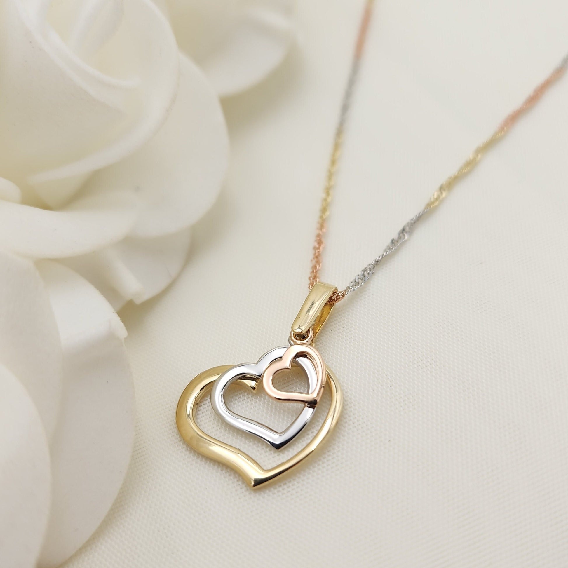 Solid 14k Tri Color Gold Triple Heart Charm Necklace - 16", 18", 20" - Perfect Gift For Her - Elegant and Unique