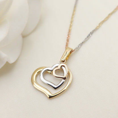 Solid 14k Tri Color Gold Triple Heart Charm Necklace - 16", 18", 20" - Perfect Gift For Her - Elegant and Unique