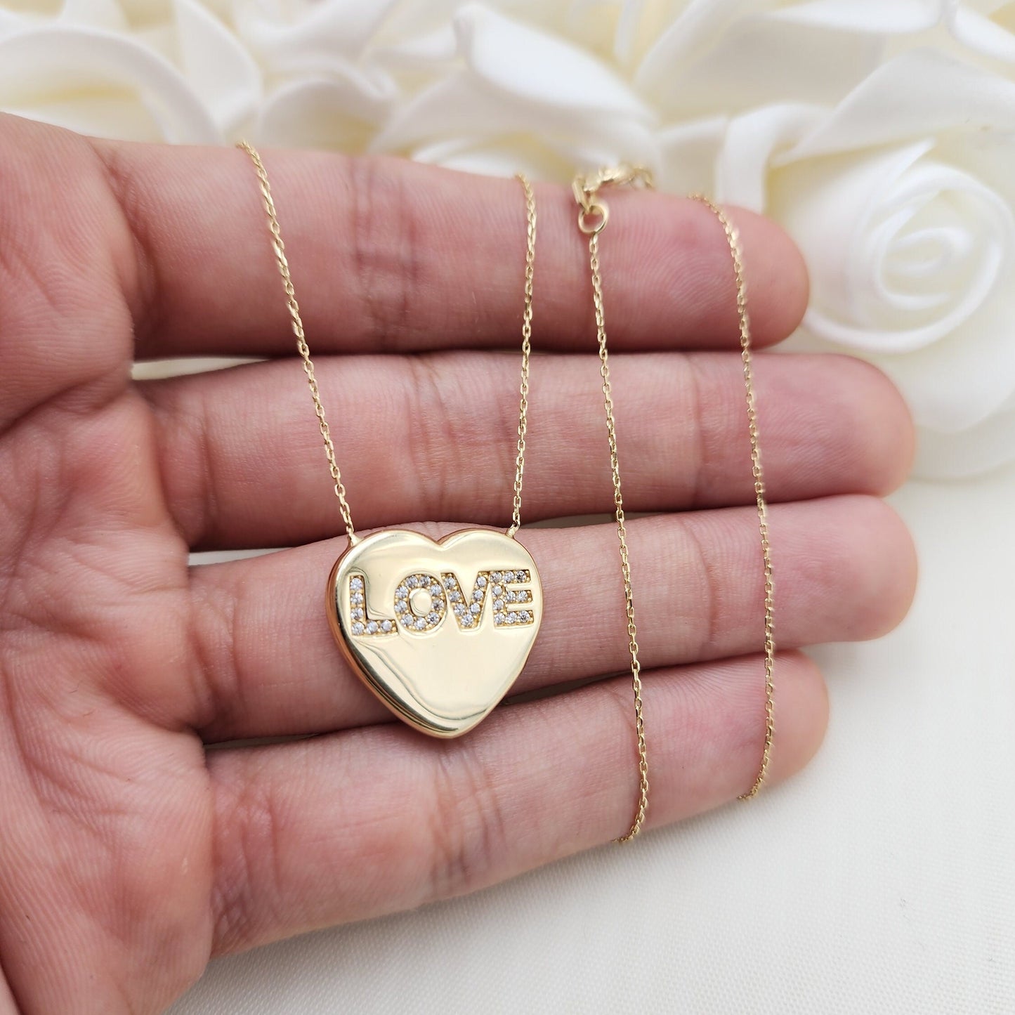 CLEARANCE! Solid 14k Gold Big Love Heart Necklace - 17 + 1 Inches (Adjustable) - Modern Jewelry