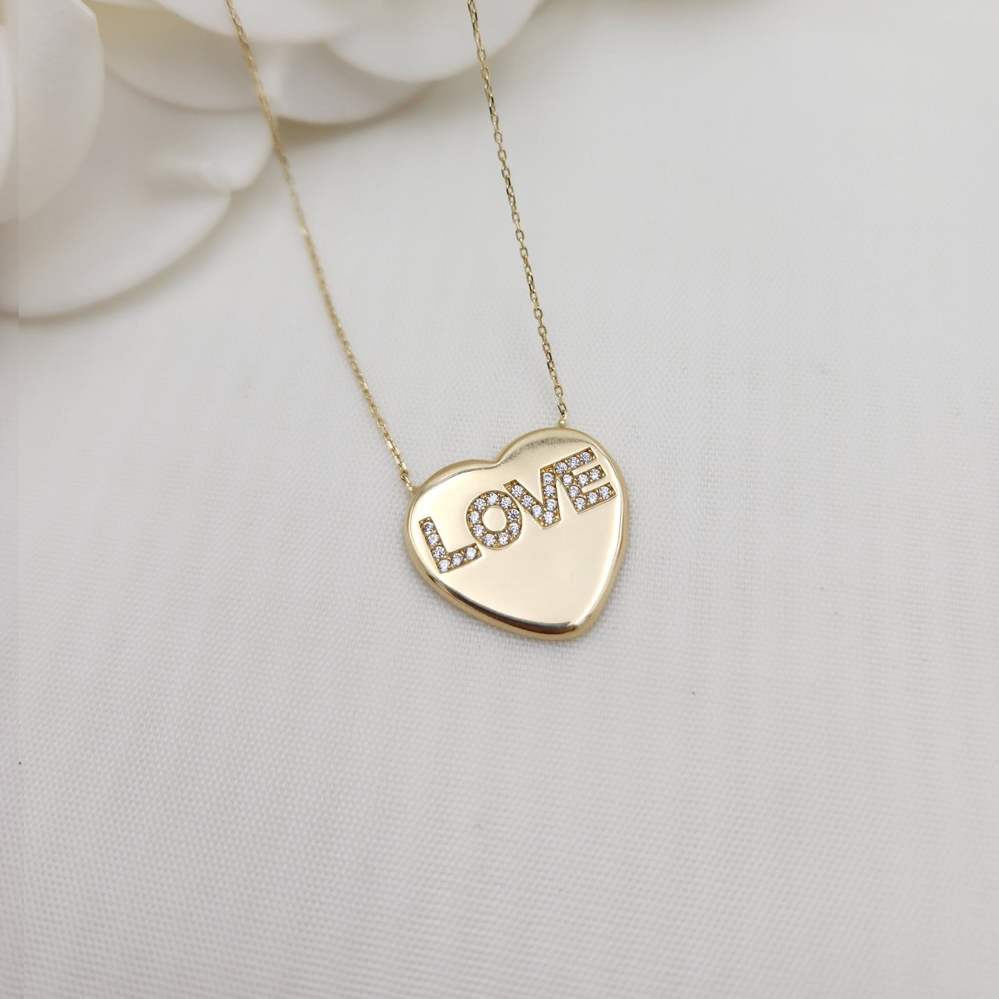 CLEARANCE! Solid 14k Gold Big Love Heart Necklace - 17 + 1 Inches (Adjustable) - Modern Jewelry