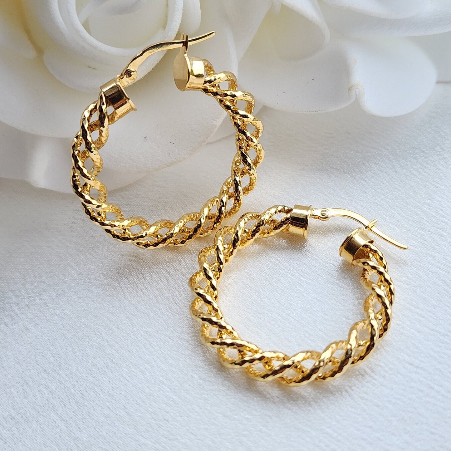 Real 14k Gold Fully Twisted Hoop Earrings - 30mm - 5mm Thick - Fine Jewelry - Perfect Gift For Her -