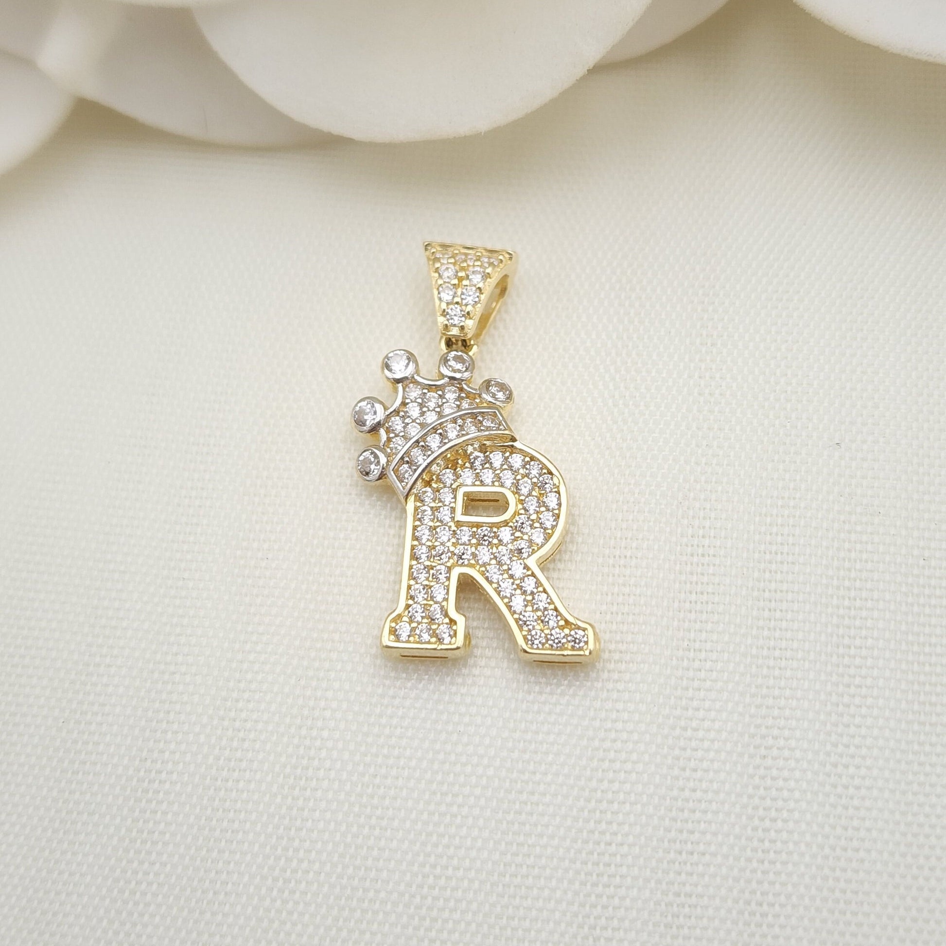 14k Gold Medium Crown Initial Pendant - CZ - Real 14k Gold - Unisex - 3D