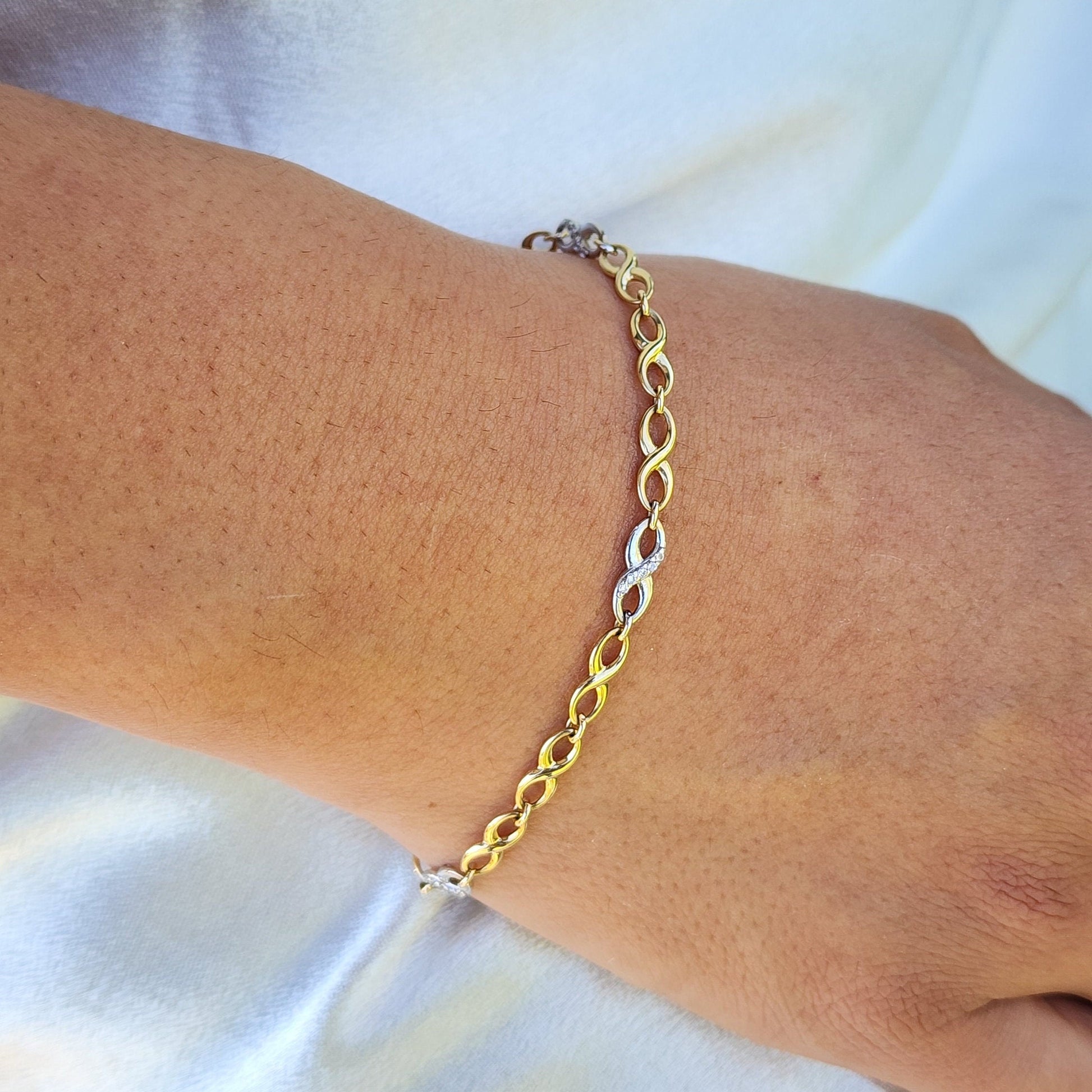 Real 14k Gold Infinite Bracelet - 7.25 Inches - White and Yellow Gold - 4MM Thick - For Her