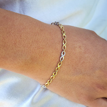 Real 14k Gold Infinite Bracelet - 7.25 Inches - White and Yellow Gold - 4MM Thick - For Her