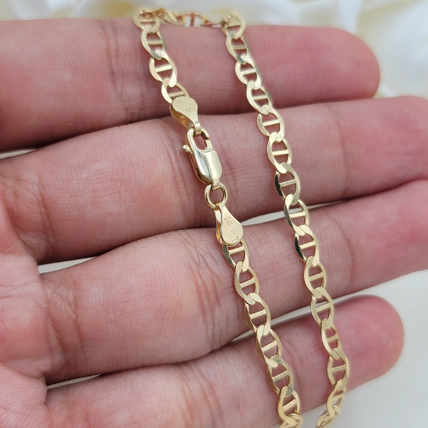 Solid 14k Gold 4MM Mariner Bracelet - 7.5 Inches - Unisex - Perfect Gift - Real Gold - Fine Jewelry -Shiny and Everlasting