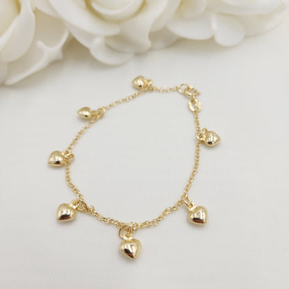 Solid 14k Gold Hanging Hearts Bracelet - Rolo Link - For Her - 7 Inches - Fine Jewelry