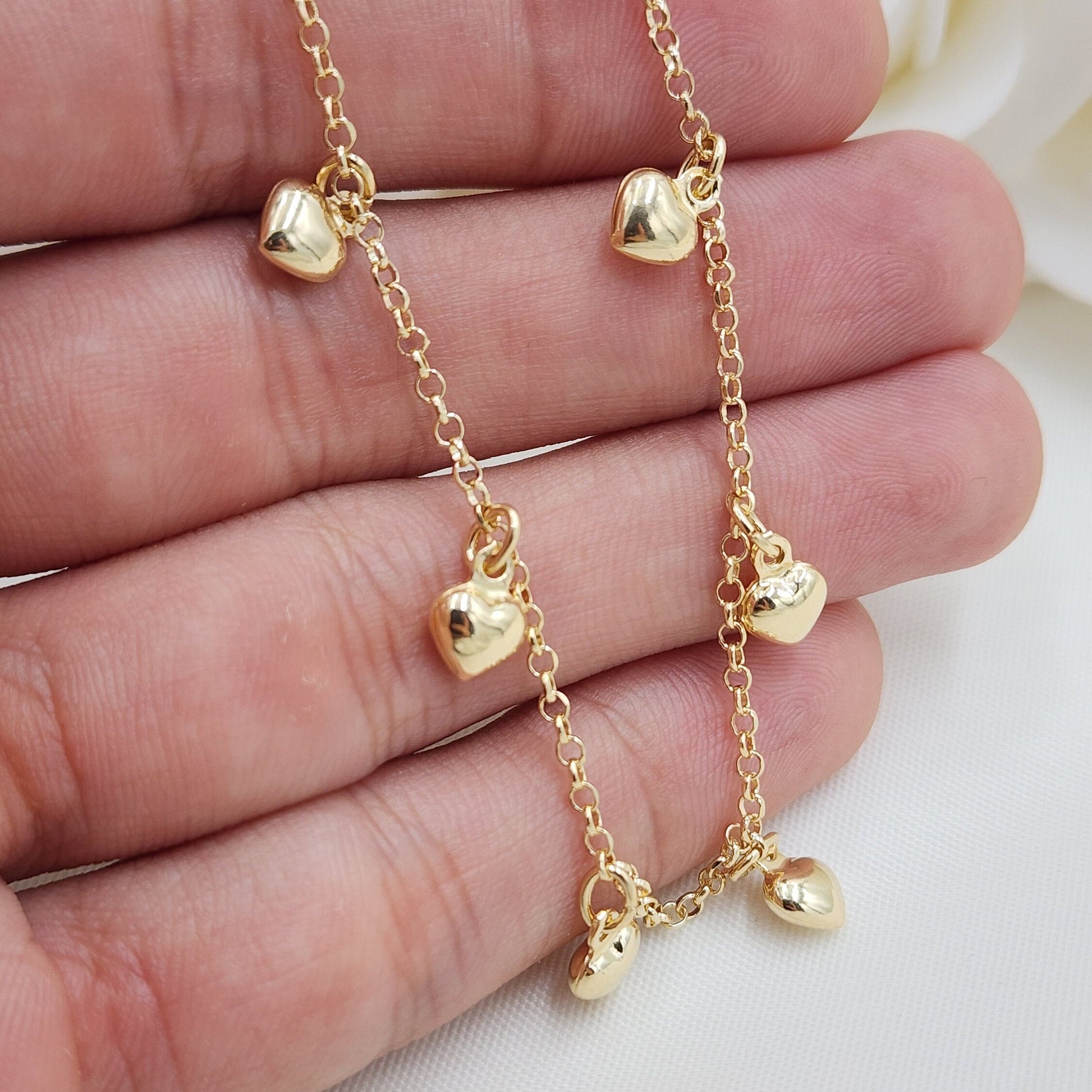 Solid 14k Gold Hanging Hearts Bracelet - Rolo Link - For Her - 7 Inches - Fine Jewelry