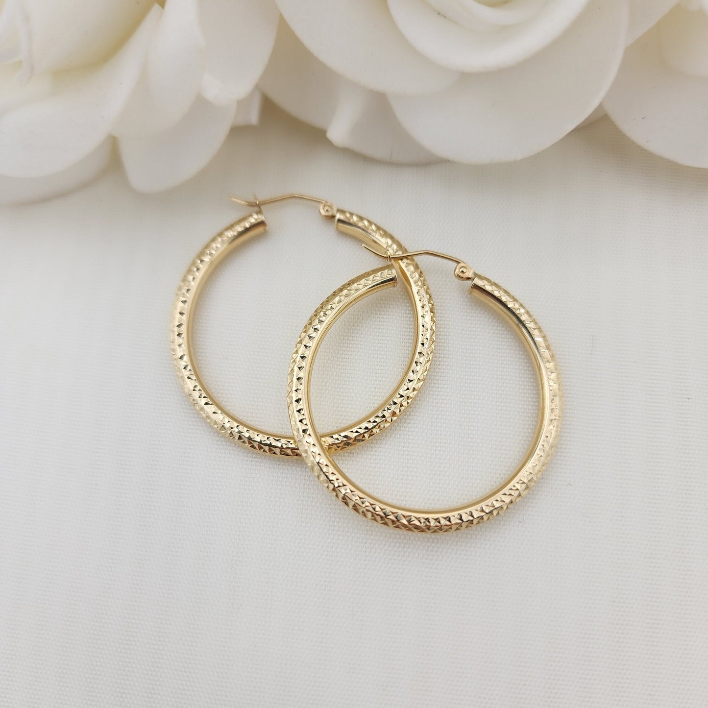 Real 14k Gold Fully Diamond Cut 3mm Thick Hoop Earrings - 35MM - 25MM - 20MM- Sparkling - Fine Jewelry For Her - Perfect Gift