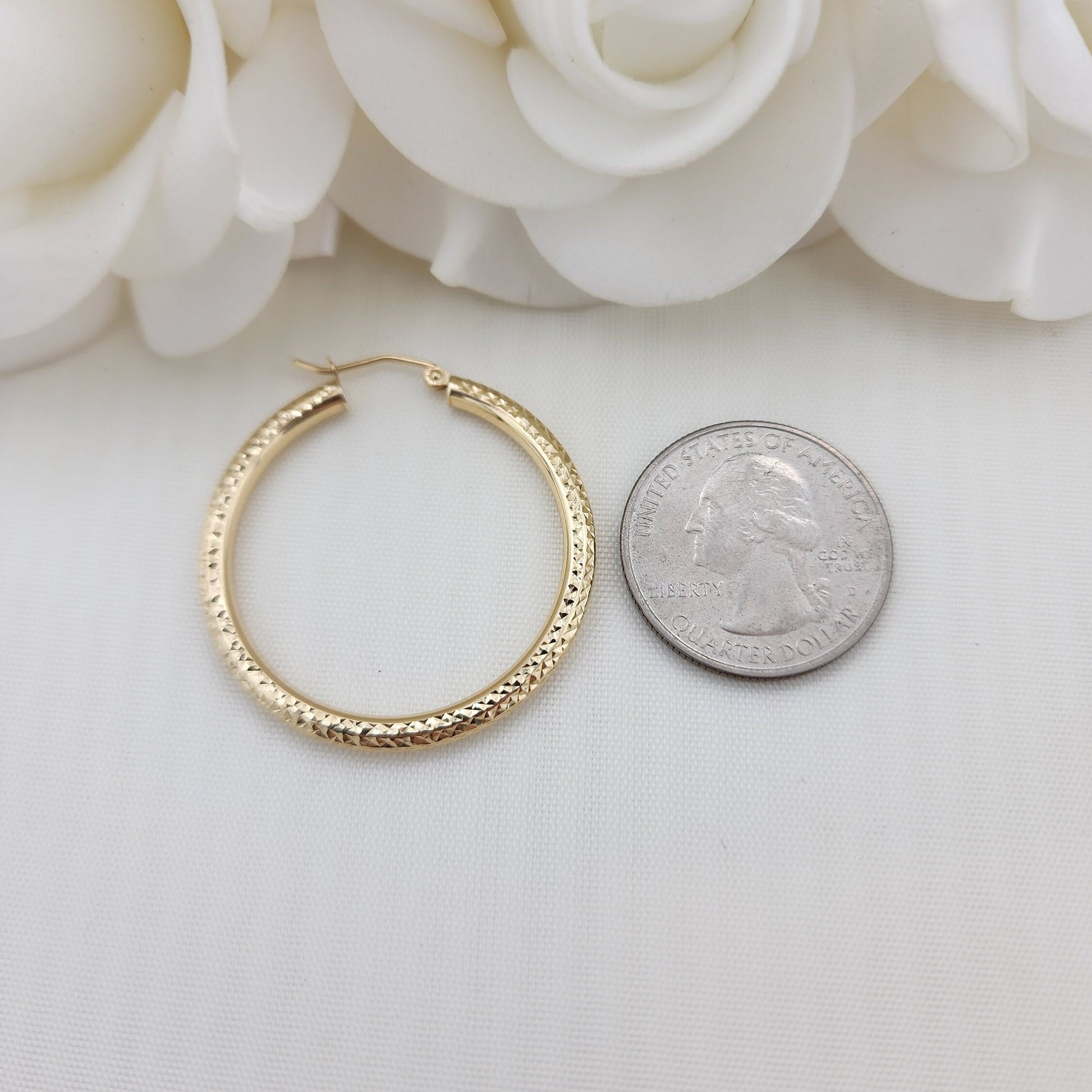 Real 14k Gold Fully Diamond Cut 3mm Thick Hoop Earrings - 35MM - 25MM - 20MM- Sparkling - Fine Jewelry For Her - Perfect Gift