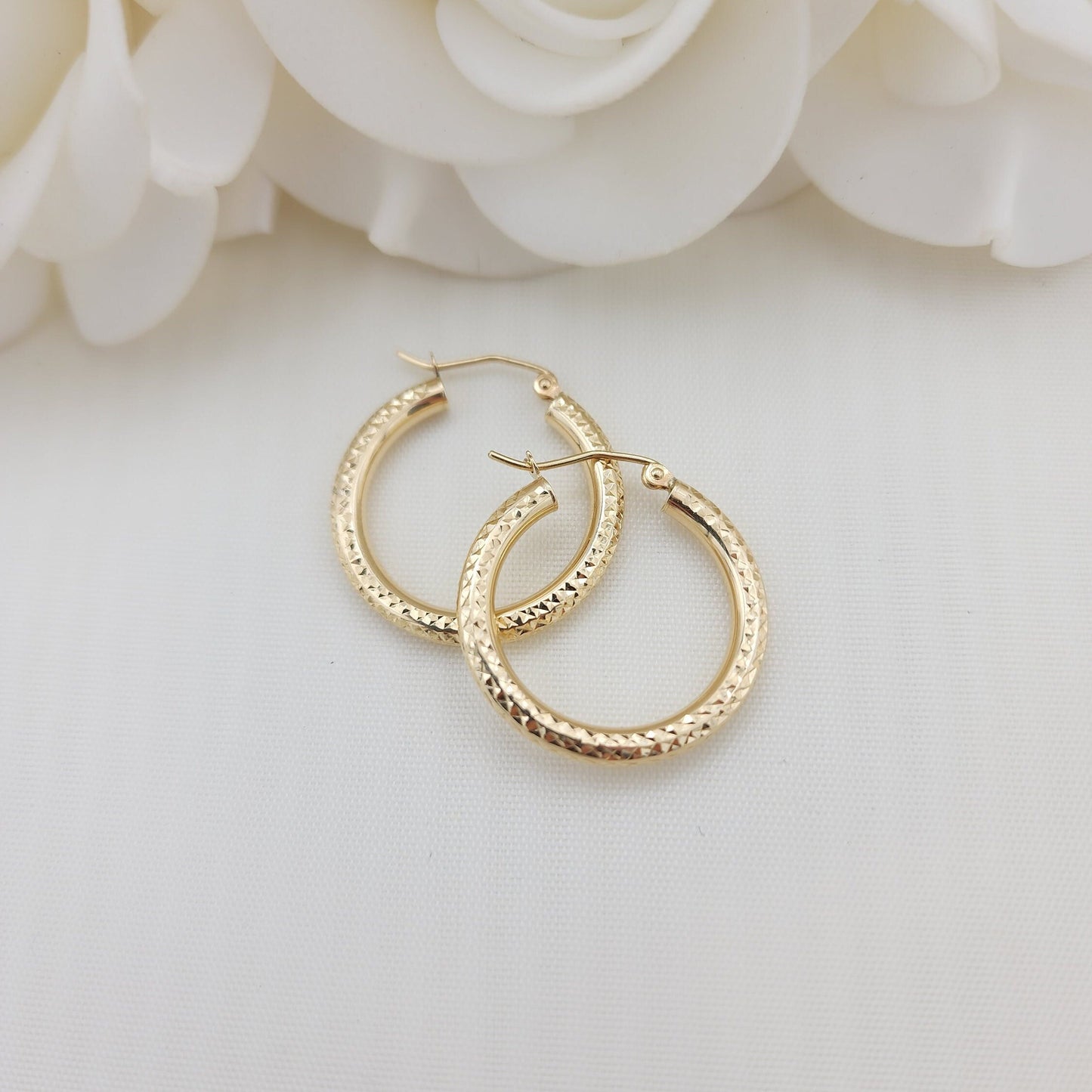 Real 14k Gold Fully Diamond Cut 3mm Thick Hoop Earrings - 35MM - 25MM - 20MM- Sparkling - Fine Jewelry For Her - Perfect Gift