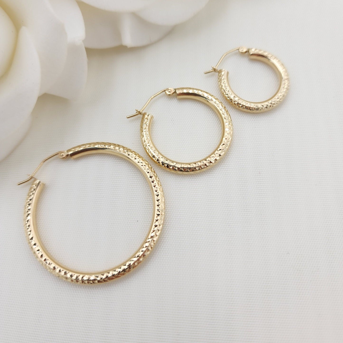 Real 14k Gold Fully Diamond Cut 3mm Thick Hoop Earrings - 35MM - 25MM - 20MM- Sparkling - Fine Jewelry For Her - Perfect Gift