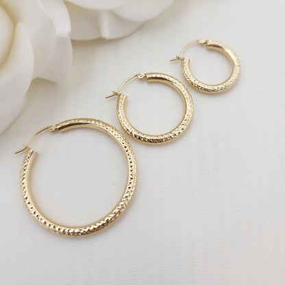 Real 14k Gold Fully Diamond Cut 3mm Thick Hoop Earrings - 35MM - 25MM - 20MM- Sparkling - Fine Jewelry For Her - Perfect Gift