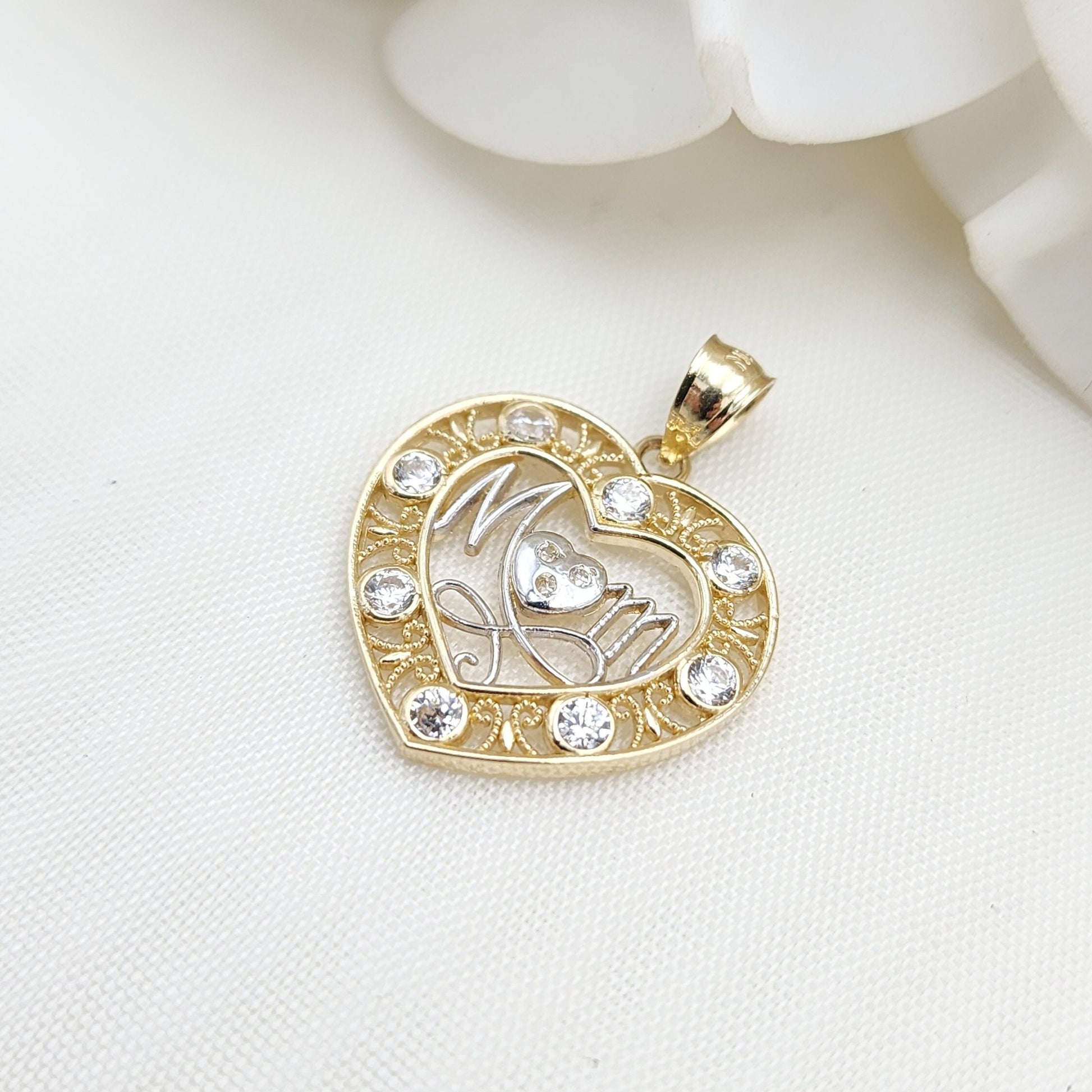 Solid 14k Gold Mom Heart Pendant - Perfect Gift For Her - Big Heart Mom Charm - 20mm