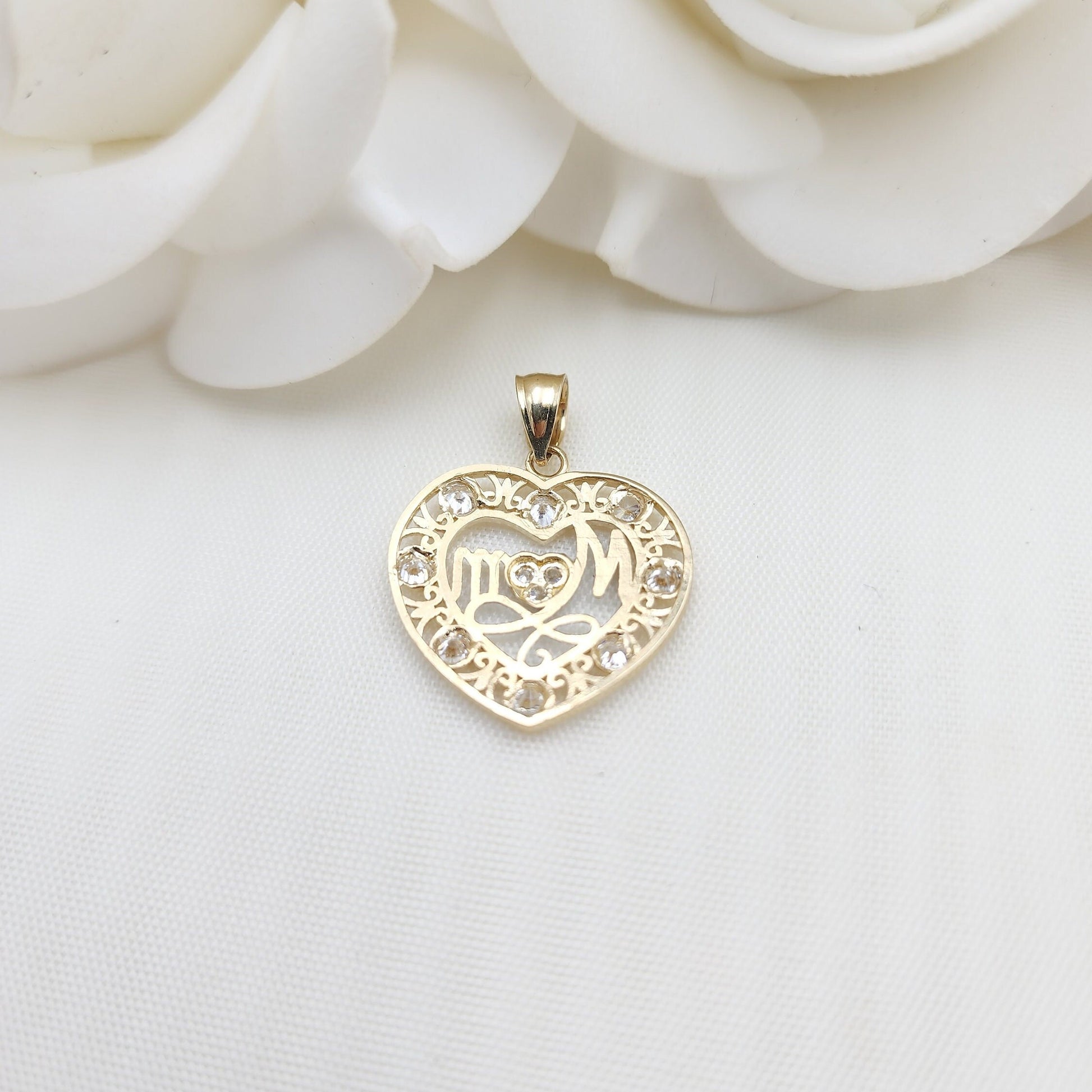 Solid 14k Gold Mom Heart Pendant - Perfect Gift For Her - Big Heart Mom Charm - 20mm