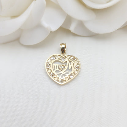 Solid 14k Gold Mom Heart Pendant - Perfect Gift For Her - Big Heart Mom Charm - 20mm