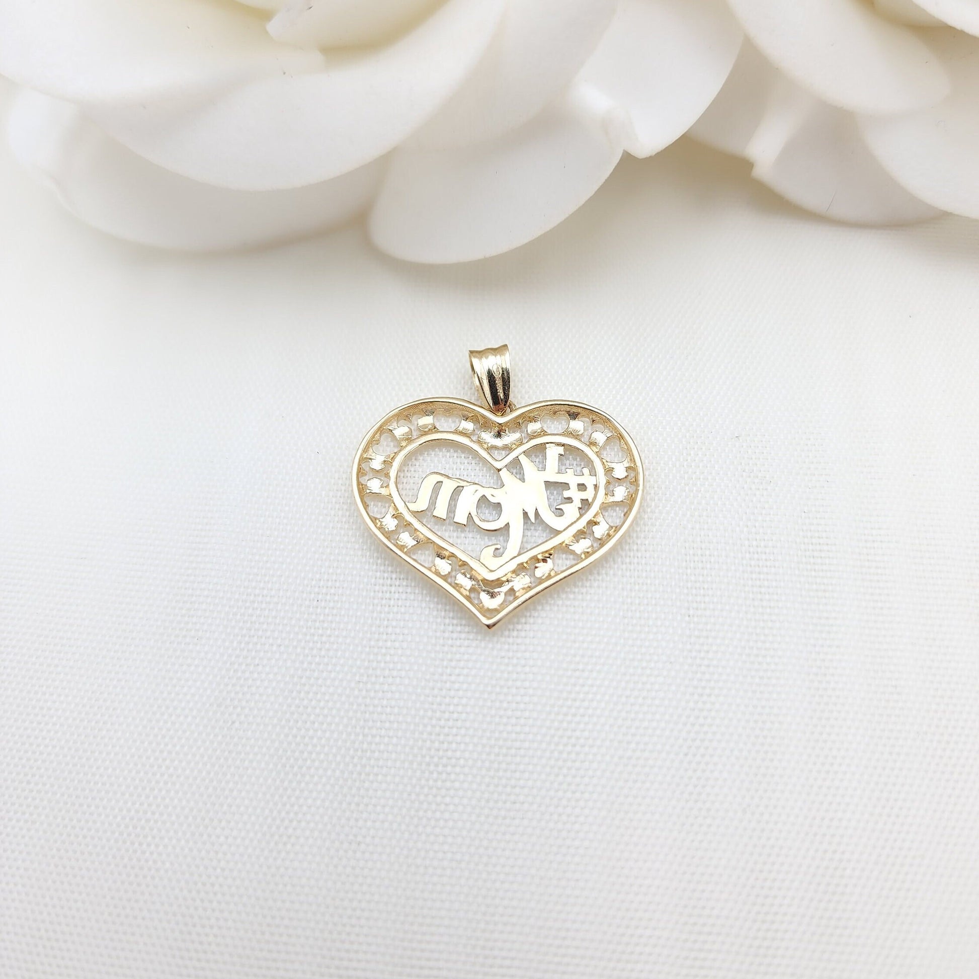 Solid 14k Gold #1 Mom Heart Pendant - Perfect Gift For Her - Big Heart Mom Charm - 22mm