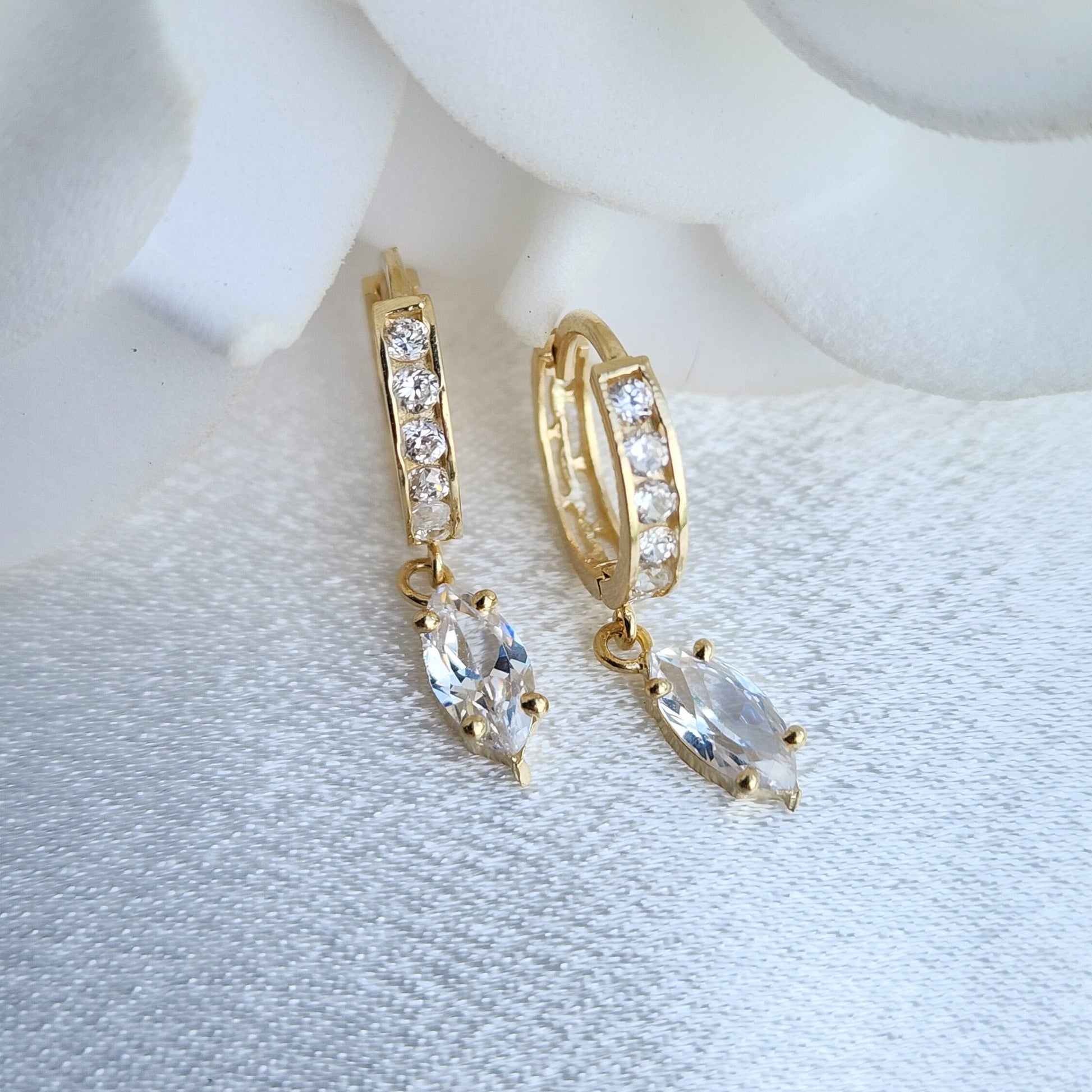 Real 14k Gold Marquise Huggies Earrings - 12mm - Perfect For Her Small Hoops For Girls And Women